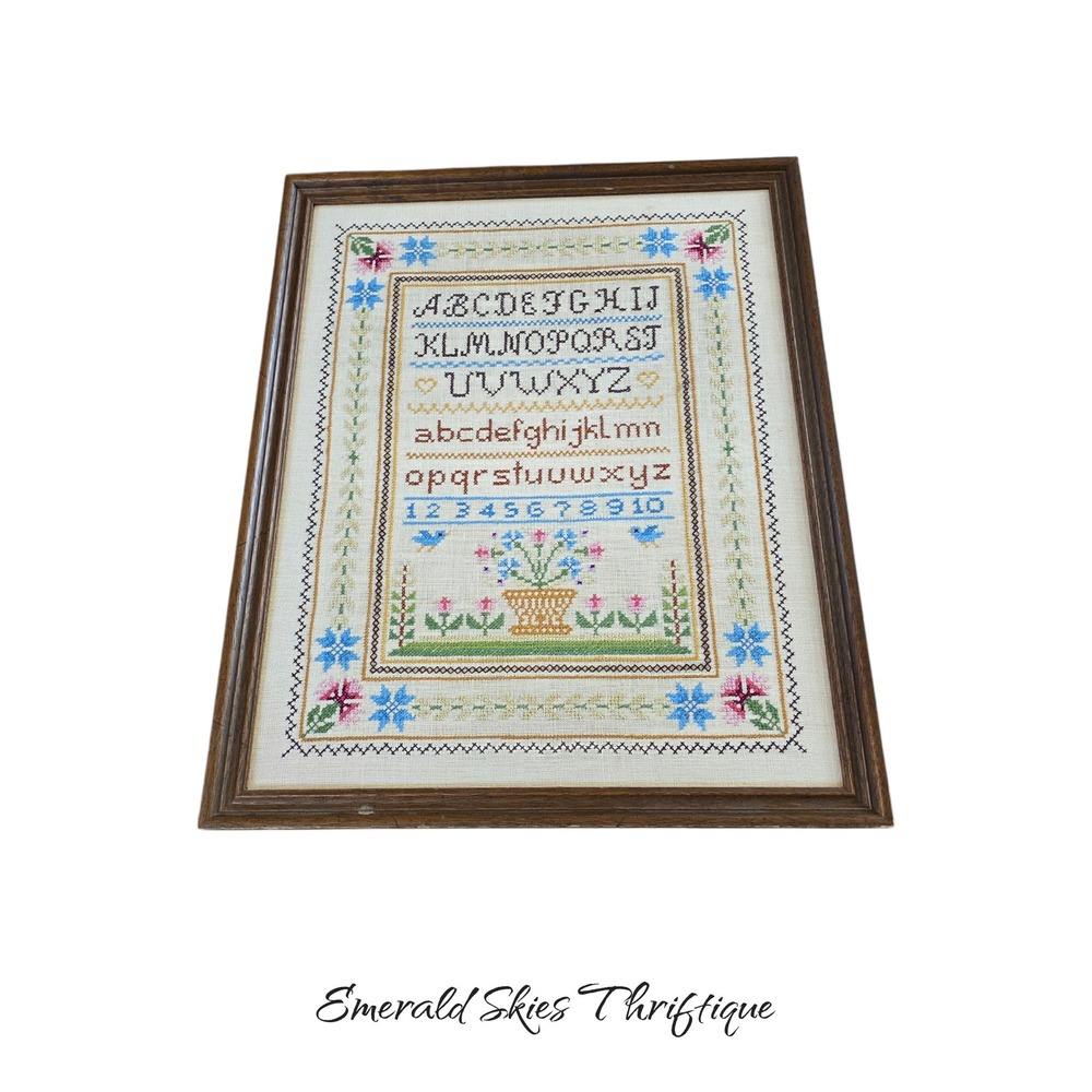 Vintage Primitive Country Completed Alphabet Sampler Framed.